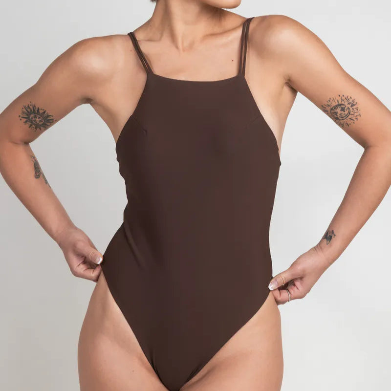 平口極細雙帶 露背連身泳裝