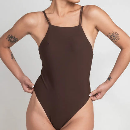 平口極細雙帶 露背連身泳裝