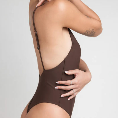 平口極細雙帶 露背連身泳裝